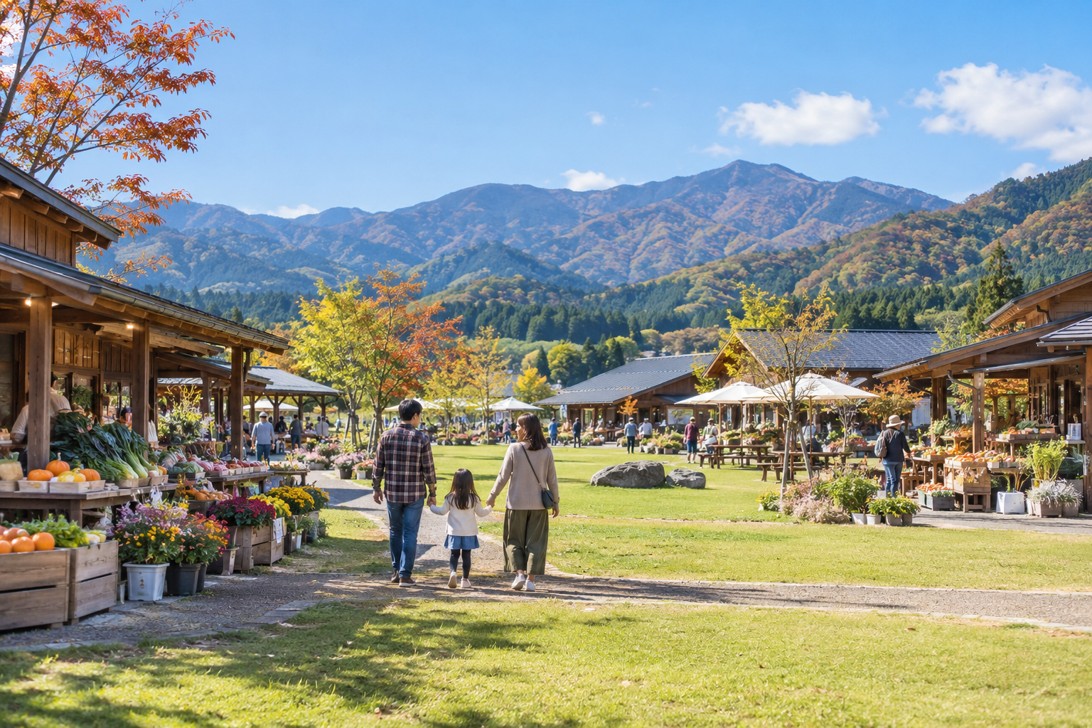 秋の山あいの道の駅へ向かう家族の利用イメージ