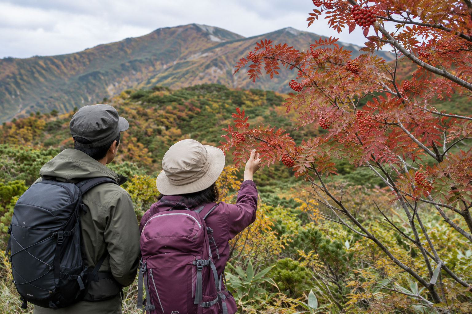 二人が赤いナナカマドを眺めるハイキングの利用イメージ（AI生成）。谷川岳の実際の登山道や来訪者ではありません
