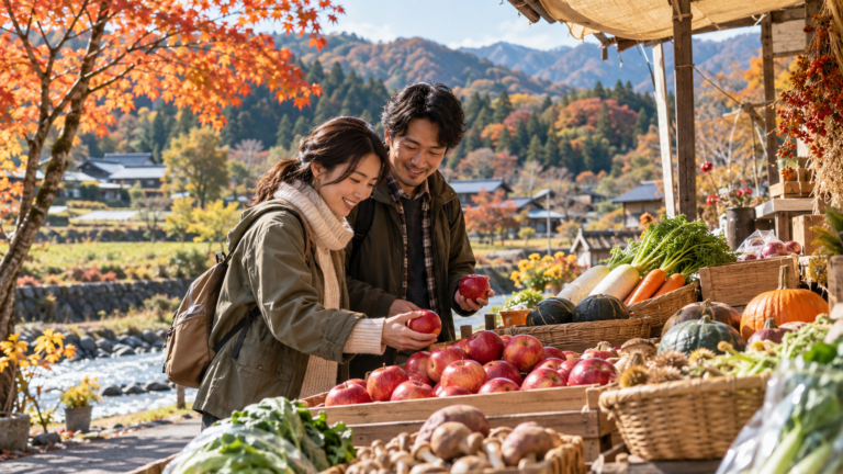 二人がりんごを選ぶ秋の里山市場の利用イメージ（AI生成）。豊楽まつりの会場や来場者の記録ではありません