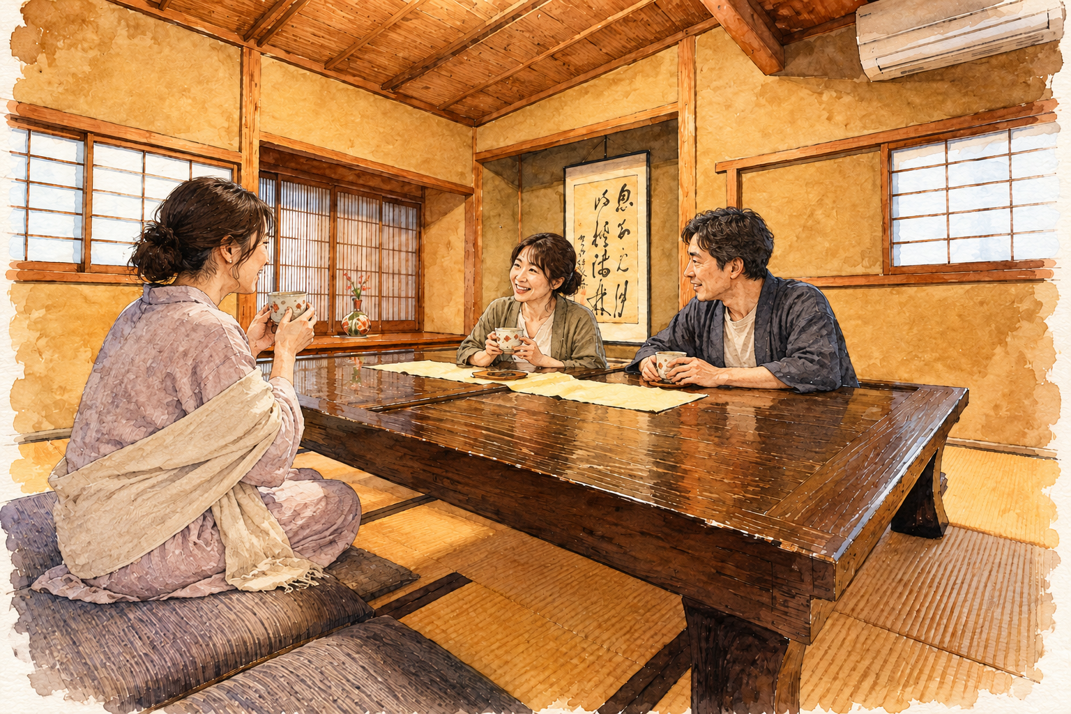 木造の茶室で過ごす大人3名を描いた水彩風イメージイラスト。実際の館内や人物を写した写真ではありません。