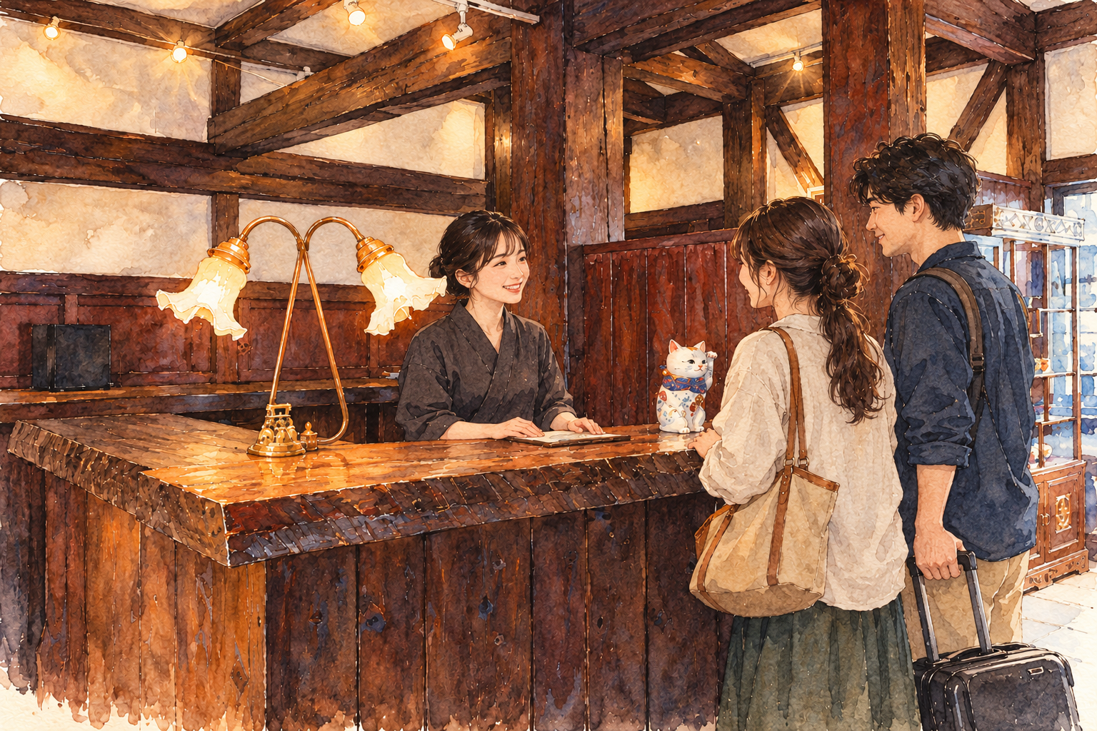フロントの灯りとスタッフ、宿泊客を描いた水彩風イメージイラスト。実際の接客や人物を写した写真ではありません。