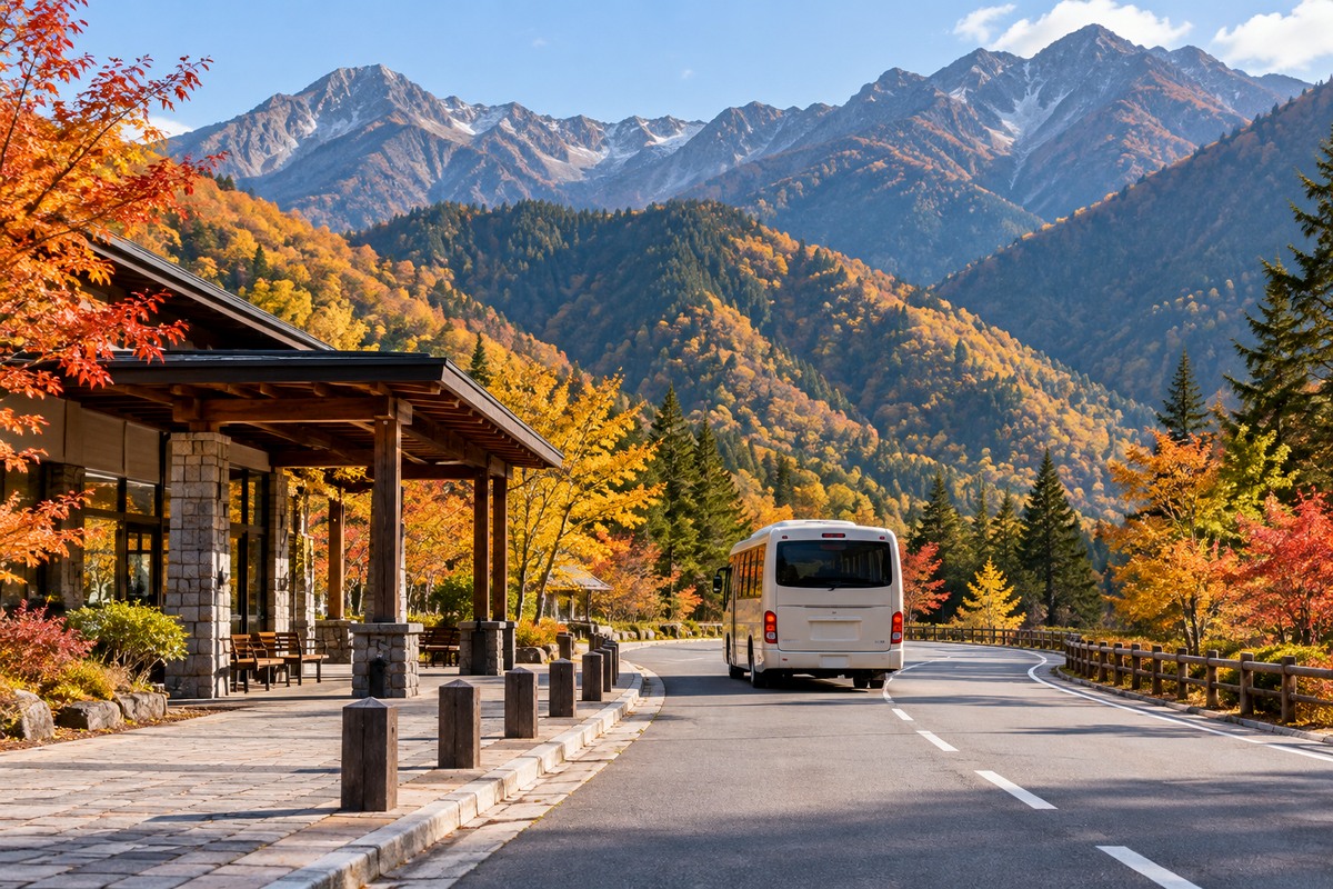 利用イメージ（AI生成）秋の山あいを走るシャトルバスのイメージ 実際の苗場の送迎車や景観ではありません