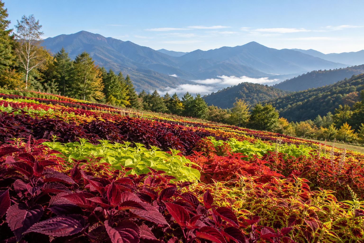 山を背景に赤や黄緑のコリウスが広がる秋の利用イメージ