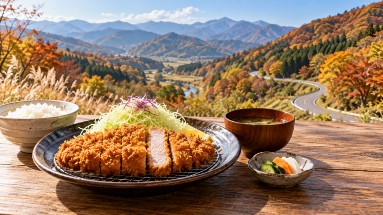 とんかつ街道への寄り道を思わせる、とんかつ定食と山あいの道の利用イメージ（AI生成）