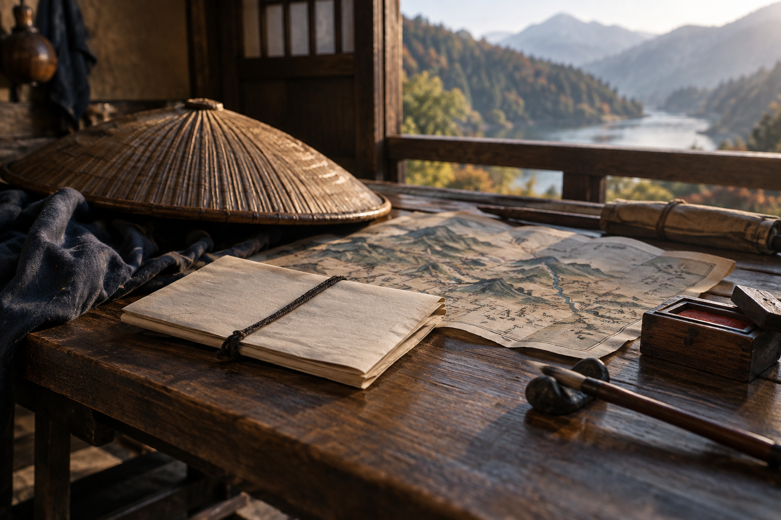 通行手形と旅笠と街道図を配した江戸時代の旅の利用イメージ